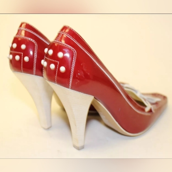 Tod's Womens Leather Square Toe Italy High Heeled Boat Shoes red 6 - Picture 3 of 16